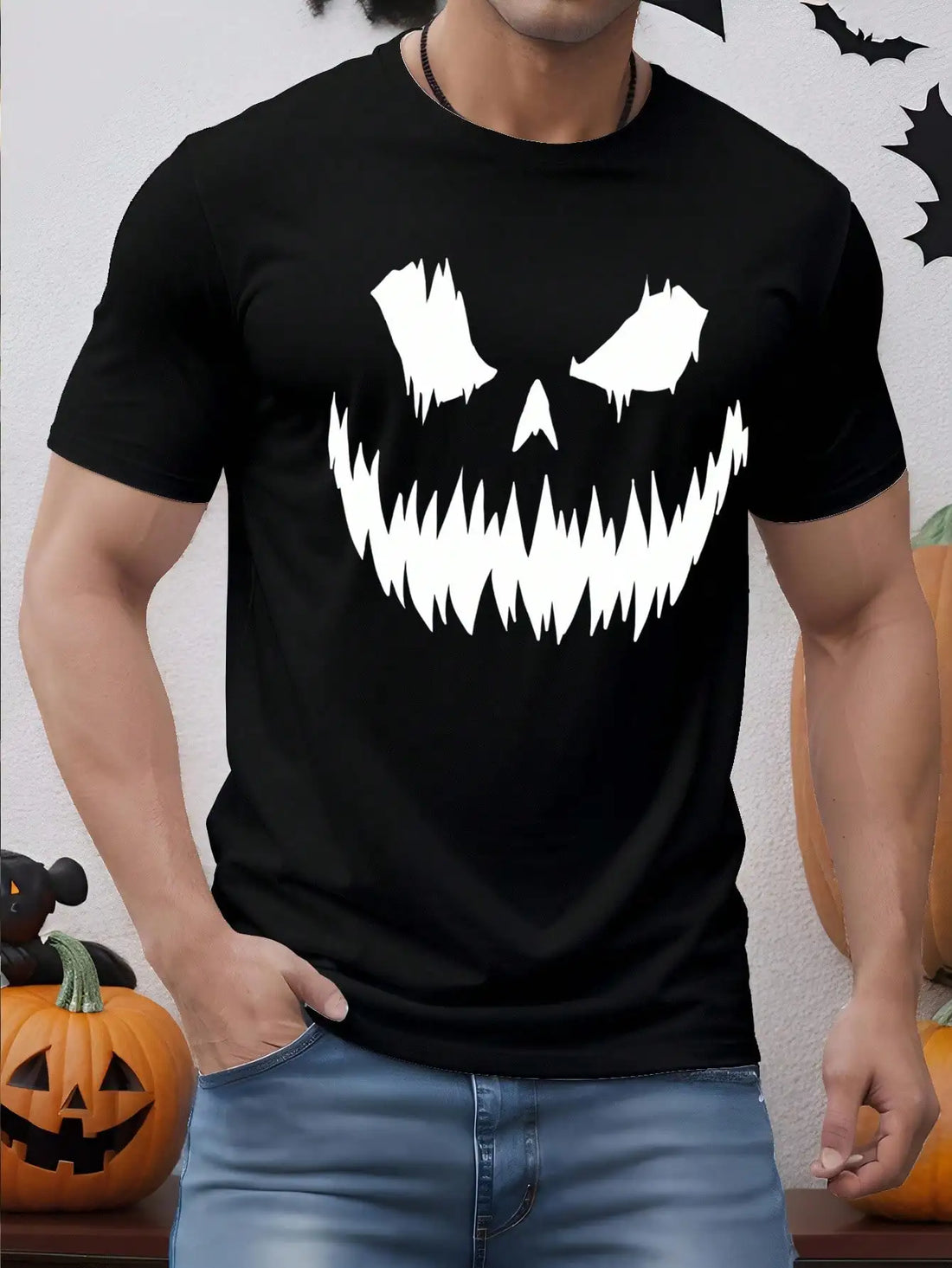 2025 Halloween Pumpkin Face Silhouette Print Casual Men&