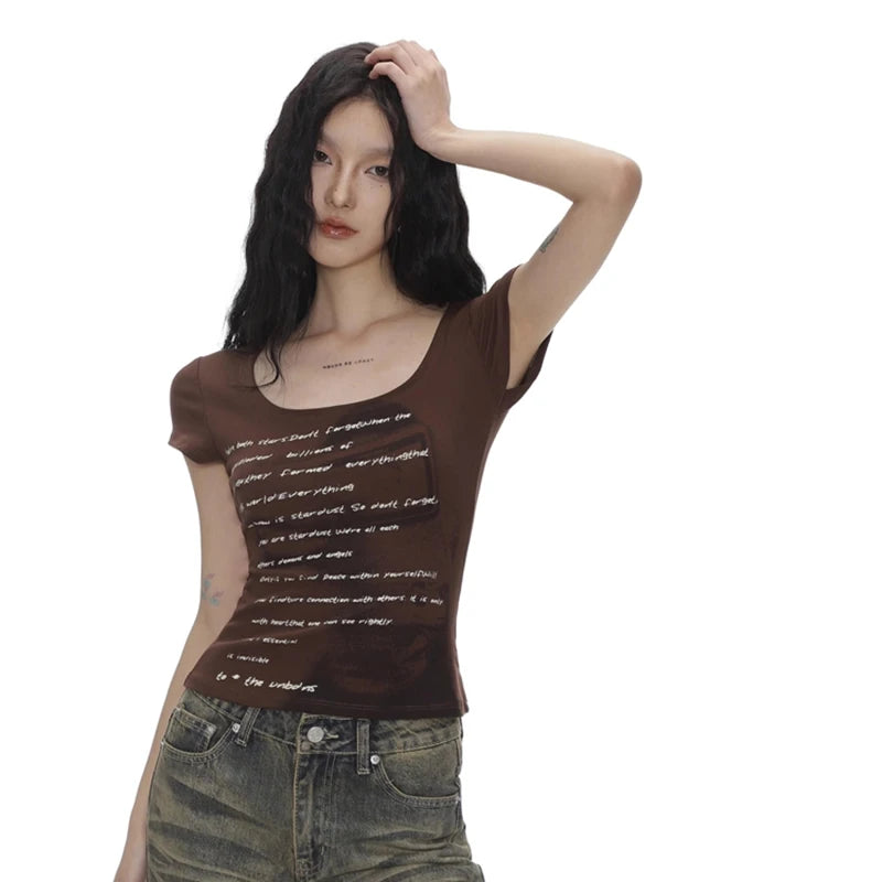 Retro Skinny Fit Letter Print T-Shirt for Women