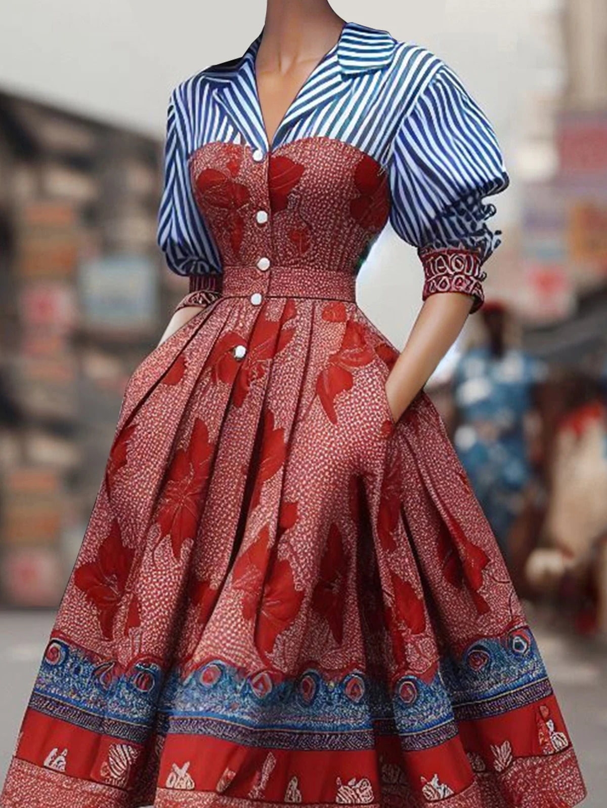 Elegant Striped Floral Patchwork Midi Dress