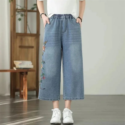Artistic retro Heavy industry Embroidered Denim Wide leg Pants Spring Summer 2025 New Women&