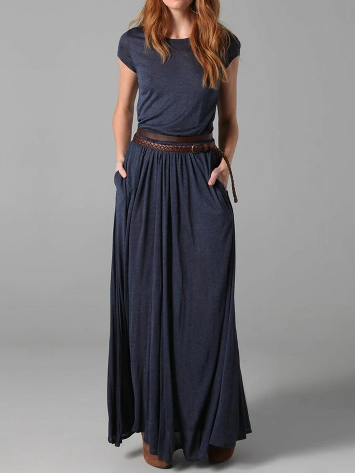 Elegant Solid Color Crew Neck Maxi Dress with Pockets for Office and Casual Wear