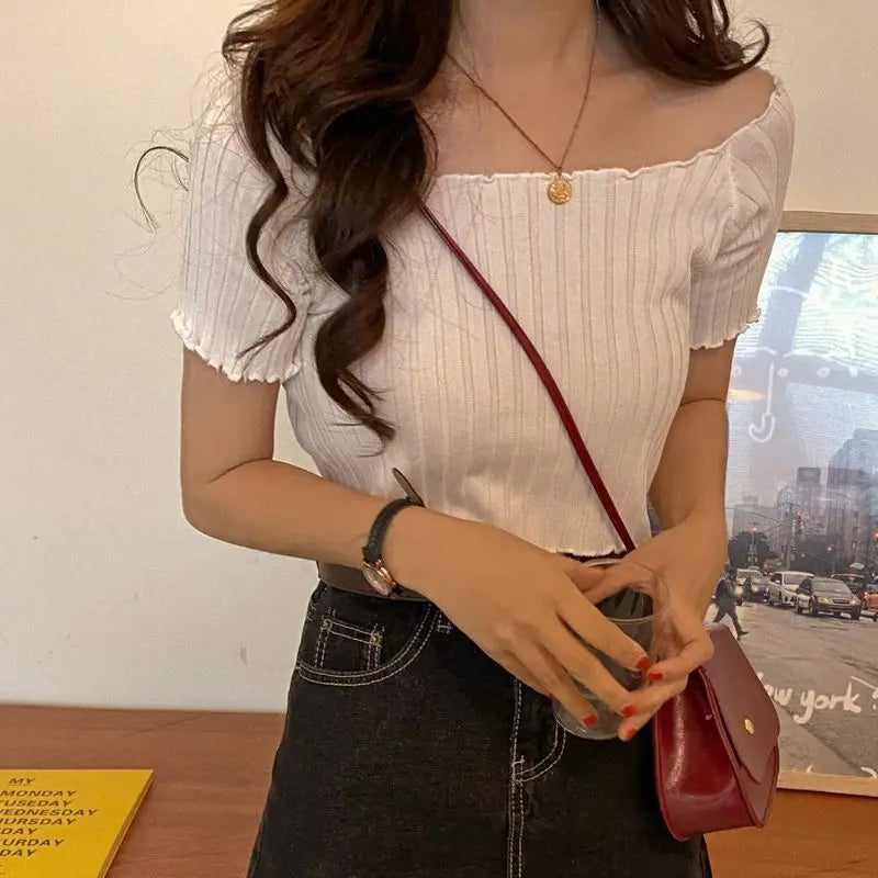 Women’s Off-Shoulder Knitted Slim Fit Knitted Short Sleeve Y2K Tee