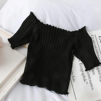 Women’s Off-Shoulder Knitted Slim Fit Knitted Short Sleeve Y2K Tee