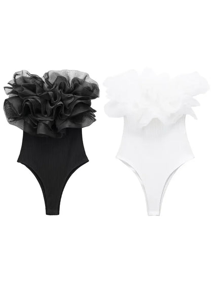 Willshela Women’s Fashion Ribbed Bodysuit with Organza Ruffle
