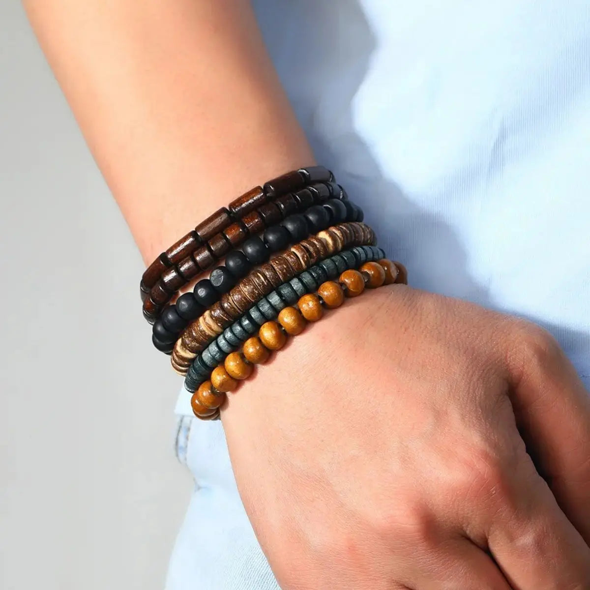 Wooden &amp; Braided Leather Wrap Bracelets