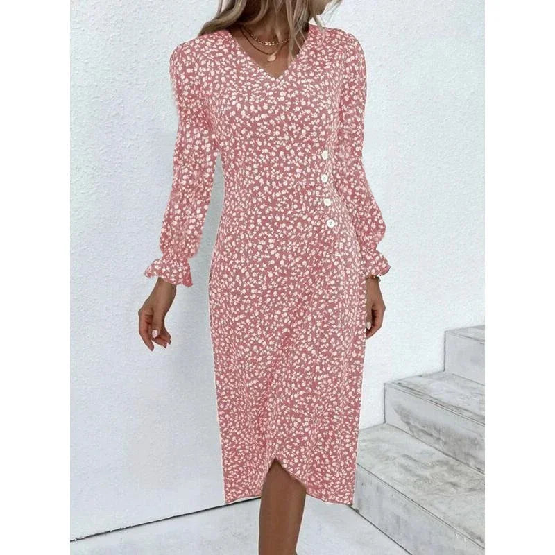 Elegant Floral Pleated Midi Dress with Puff Sleeves for Women