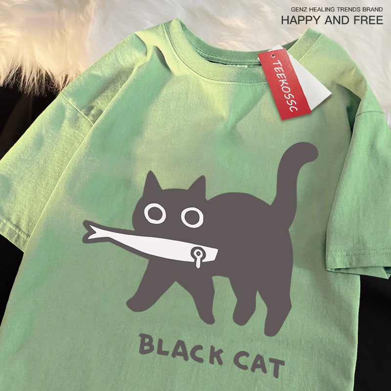 Japanese Style Cat Print Cotton T-Shirt