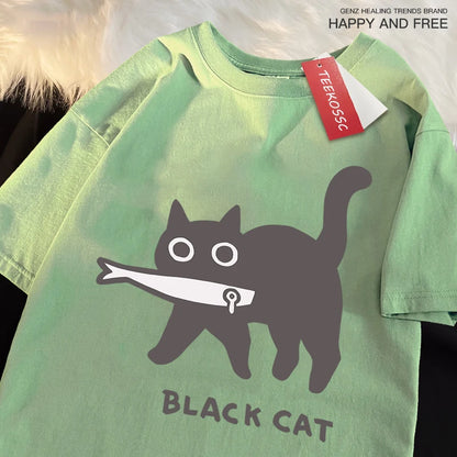 Japanese Style Cat Print Cotton T-Shirt