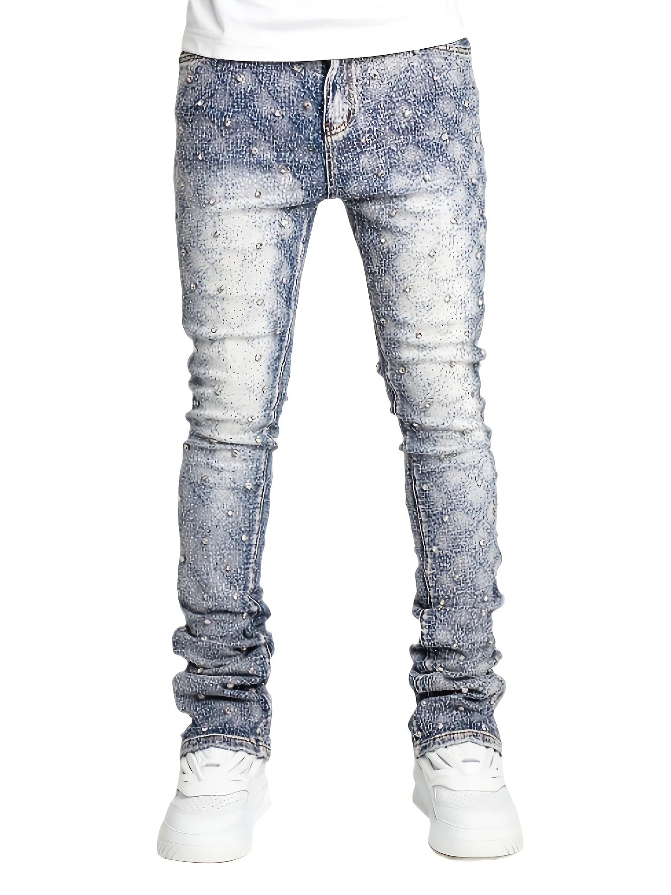 Men’s Pearl-Embellished Straight Leg Denim Jeans | Trendy European &amp; American Style