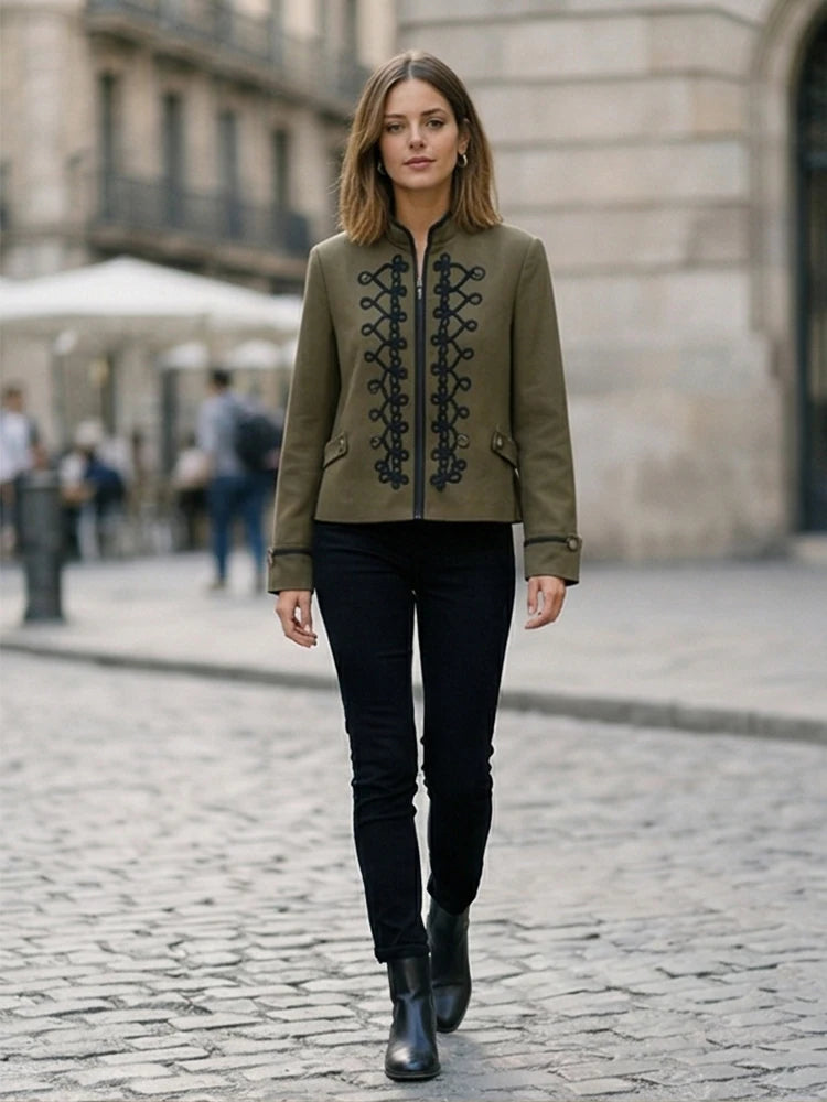 Willshela Women Fashion With Pad Solid Front Zipper Jackets Blazer Vintage Half High Neck Long Sleeves Female Chic Lady Outfits