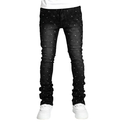 Men’s Pearl-Embellished Straight Leg Denim Jeans | Trendy European &amp; American Style