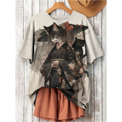 3D Printed Japanese Cat T-Shirt | Harajuku Cartoon Oversized Tee