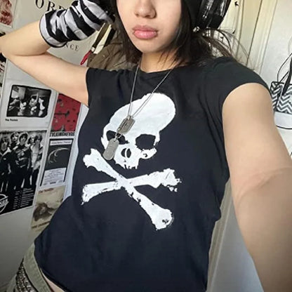 Vintage Grunge Skull Graphic Crop Top | Y2K Gothic Punk Tee