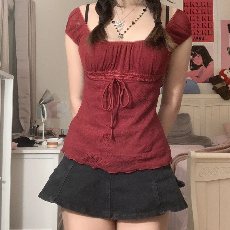 Kawaii Bow Square Collar Crop Top for Women