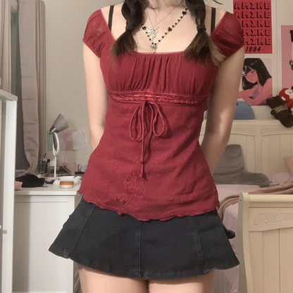 Kawaii Bow Square Collar Crop Top for Women