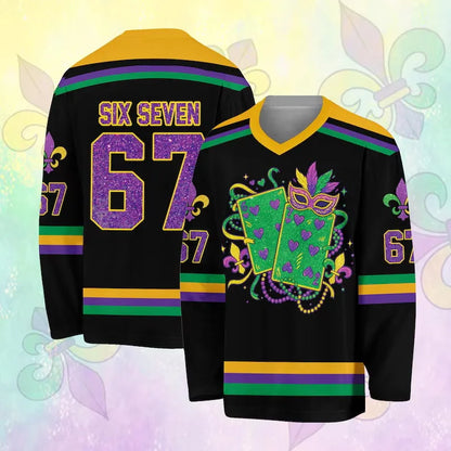 3D Print Mardi Gras Hockey Jersey | Glitter Carnival Long-Sleeve Streetwear T-Shirt