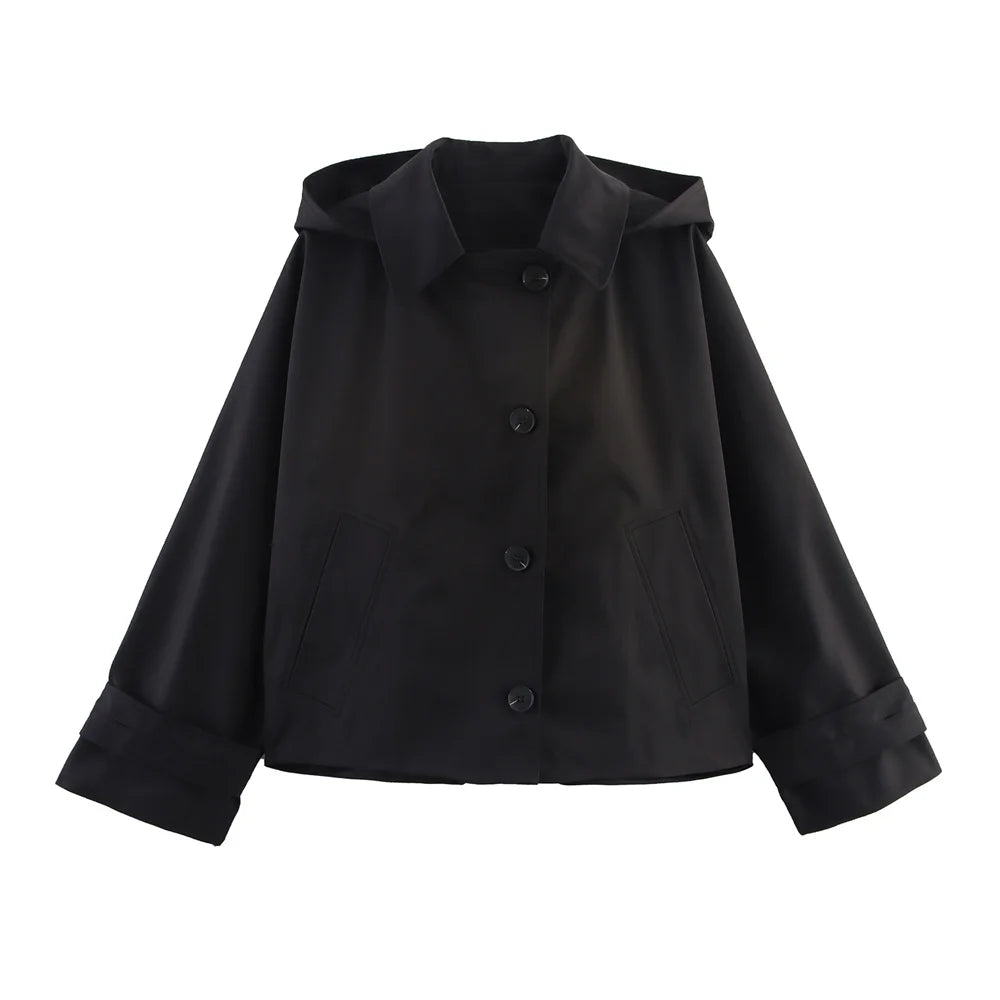 Autumn new European and American style hooded long sleeved lapel jacket single breasted trench coat short jacket
