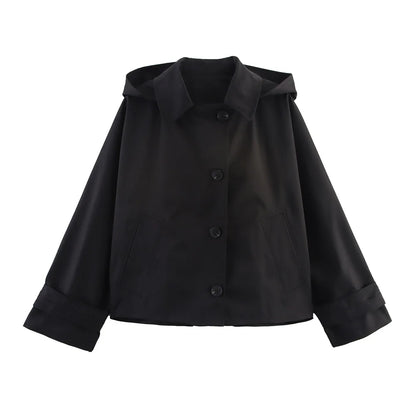 Autumn new European and American style hooded long sleeved lapel jacket single breasted trench coat short jacket