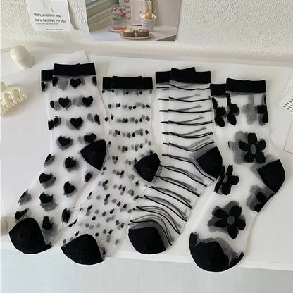 Black Crystal Silk Polka Dot Lace Socks