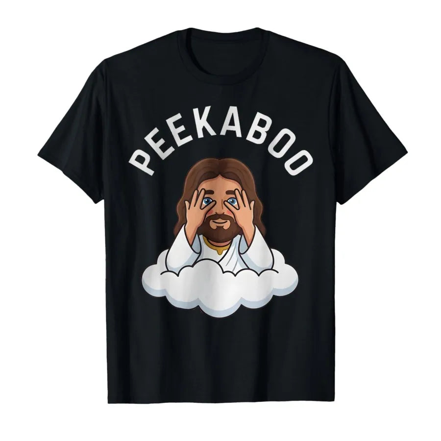 Peekaboo Jesus Funny Christian Meme T-shirt For Men Women 100% Cotton T Shirts Short Sleeve Tops 0318-1