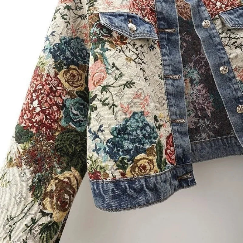 Chinese retro jacquard long-sleeved round neck denim jacket women&