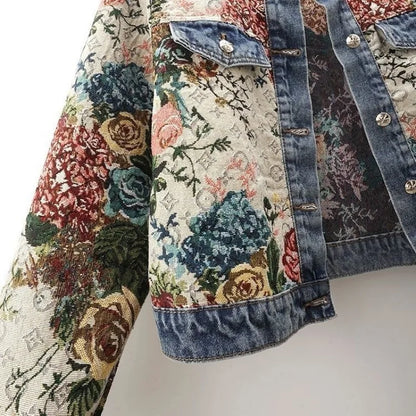 Chinese retro jacquard long-sleeved round neck denim jacket women&