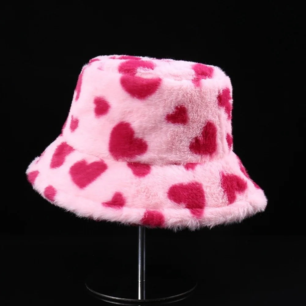 Sweet Faux Fur Fisherman Hat | Fluffy Heart Bucket Hat for Winter &amp; Casual Wear