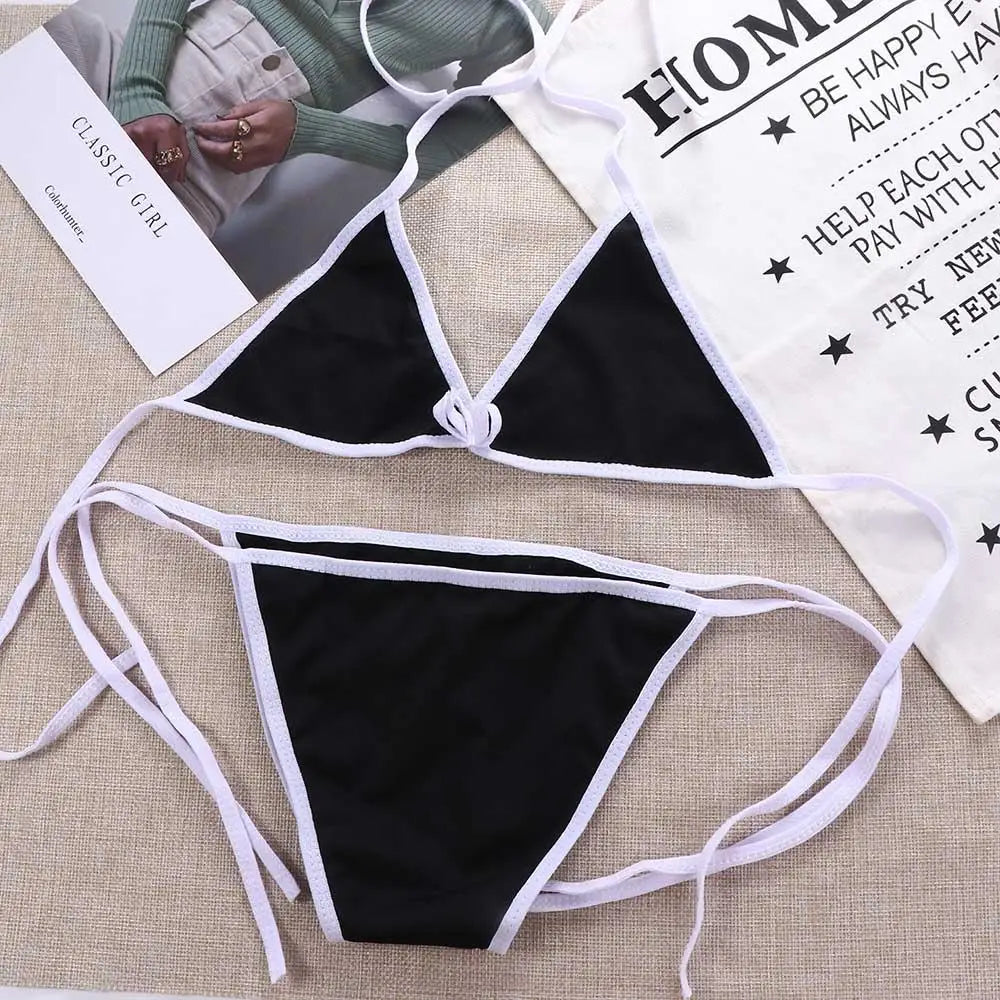 Contrast Binding Triangle Bikini Swimsuit