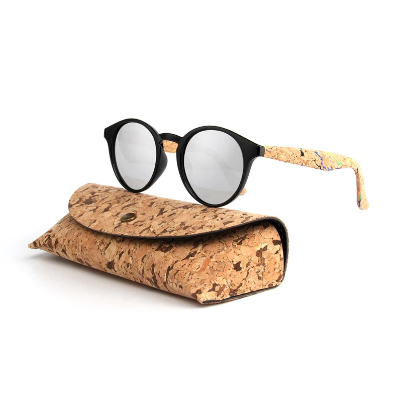 Round Bamboo Grain Polarized Sunglasses with Case – Unisex Wooden Style Shades