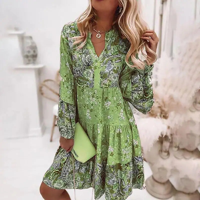 Floral V Neck Dress Long Sleeve Boho Beach