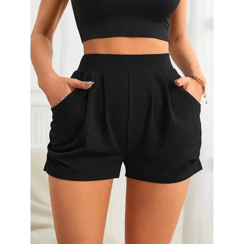 Women’s High-Waisted Pleated Double Pocket Casual Shorts | Solid Color, Summer Comfort