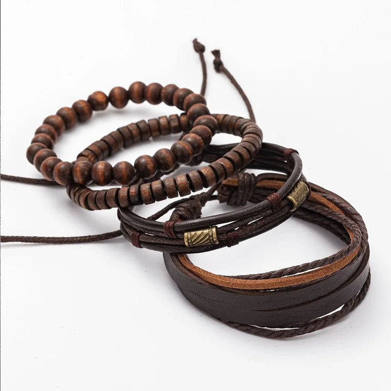 Vintage Multi-Layer Wooden Bead &amp; Leather Bracelet Set