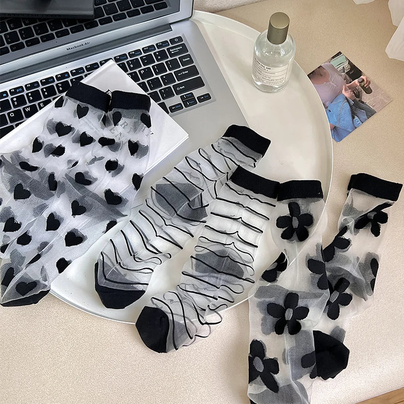 Black Crystal Silk Polka Dot Lace Socks