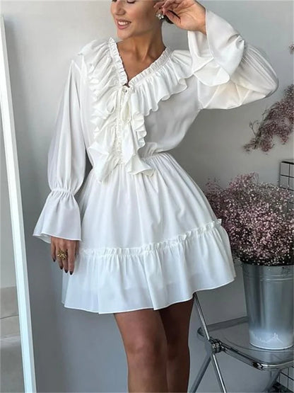 Tossy Ruffled V-Neck White Mini Dress