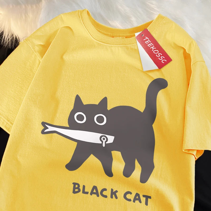 Japanese Style Cat Print Cotton T-Shirt