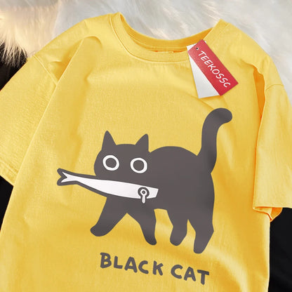 Japanese Style Cat Print Cotton T-Shirt