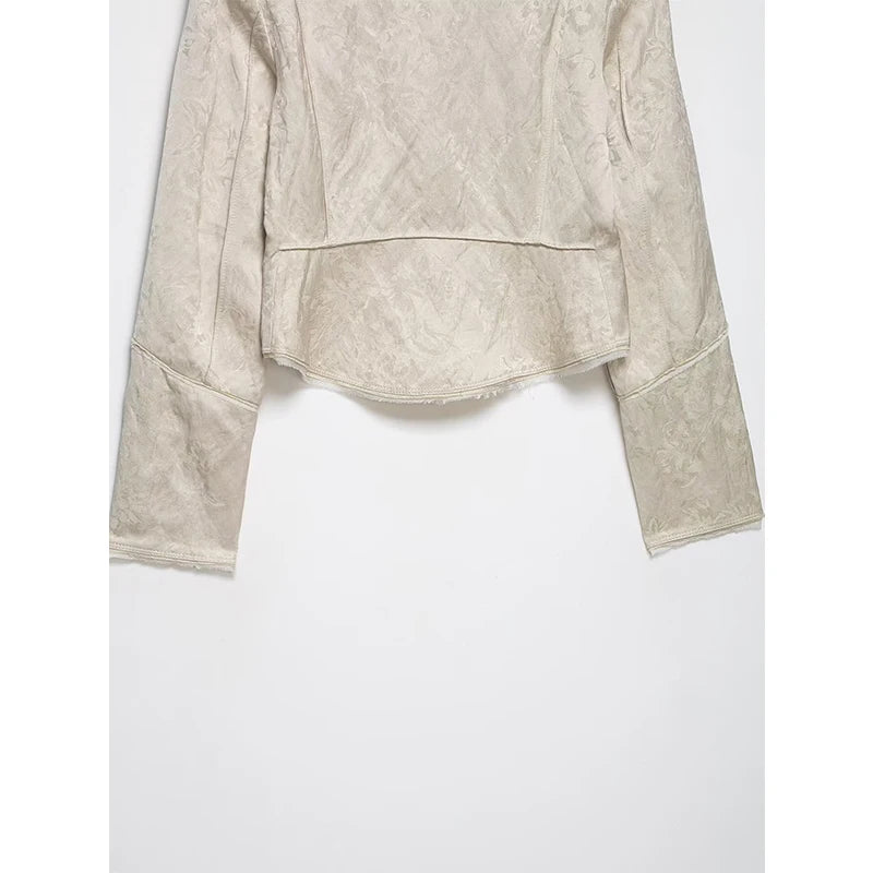 YENKYE New 2026 Women Jacquard Cropped Jacket High Neck Long Sleeve Frayed Trim Vintage Coat