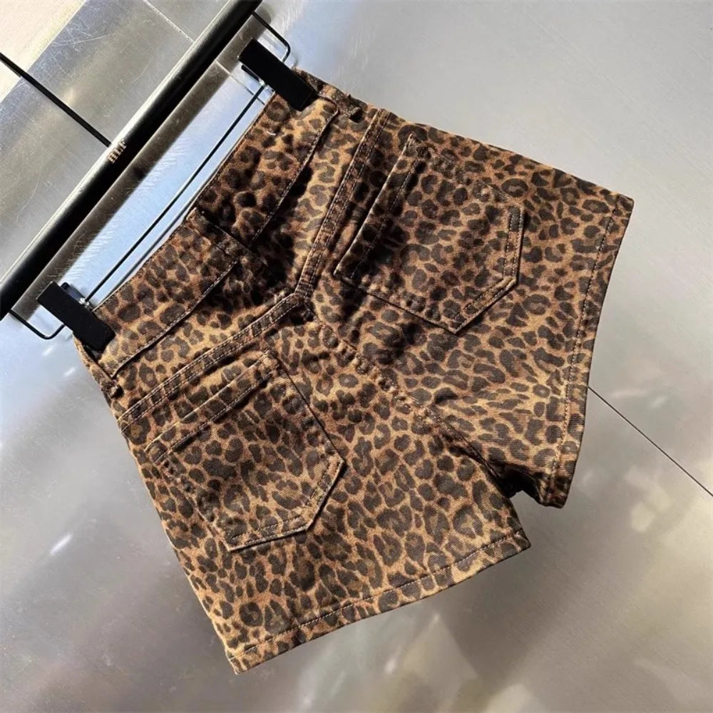 2025 Leopard Print High Waist Denim Shorts Women&