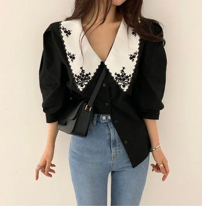 Vintage Half Sleeve Peter Pan Collar Shirt for Women