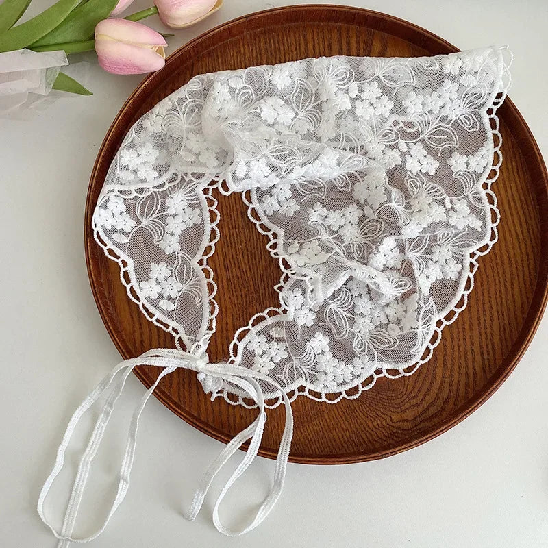 White Woven Floral Lace Headscarf for Women