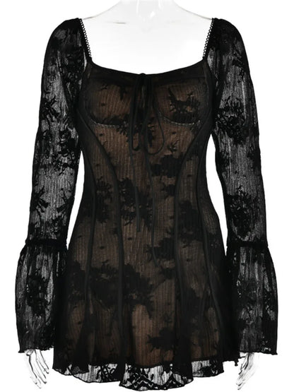 Mozision Elegant Backless Long Flare Sleeve Print Mini Dress
