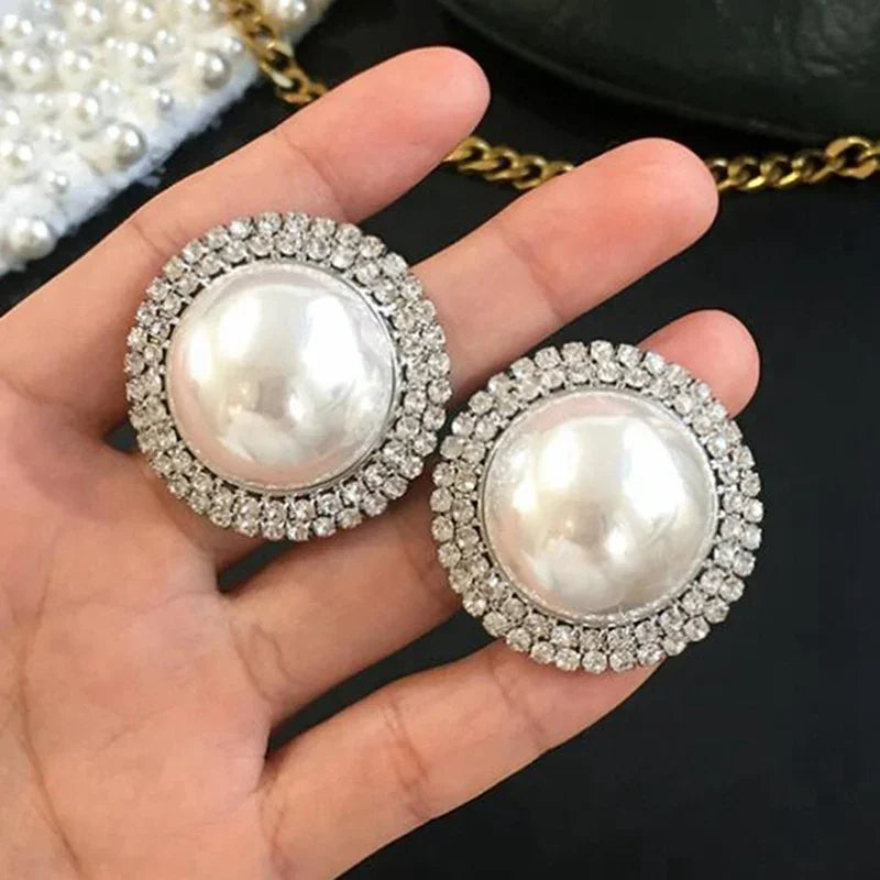 Exaggerated Rhinestone Pearl Stud Earrings for Women