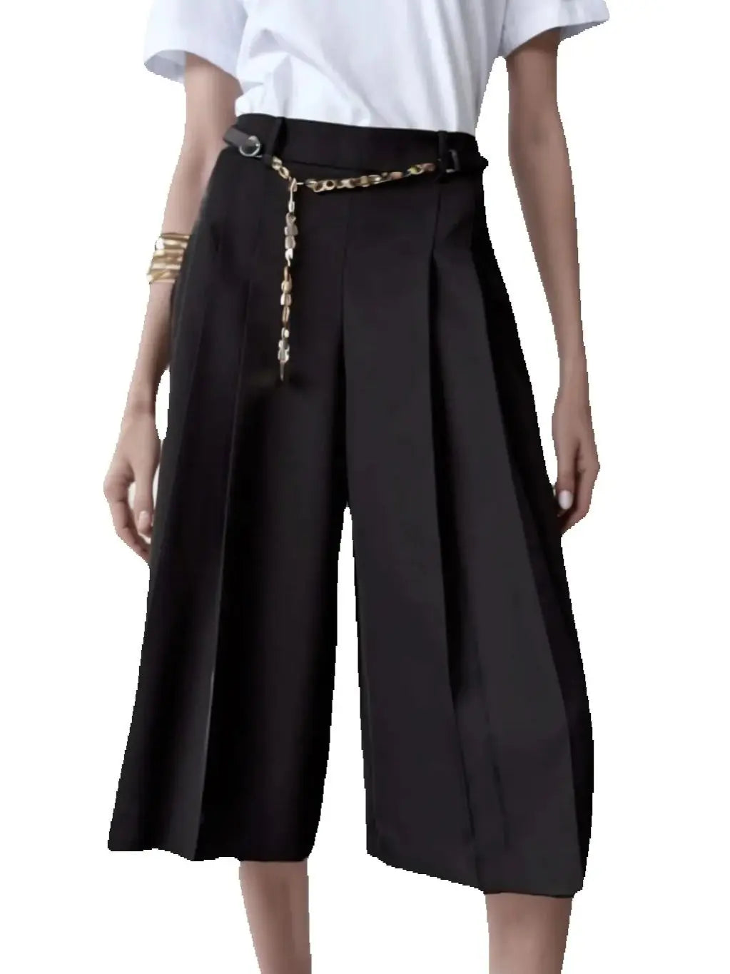Vintage High-Waist Straight Trousers with Belt | Knee-Length Wide Leg Pants