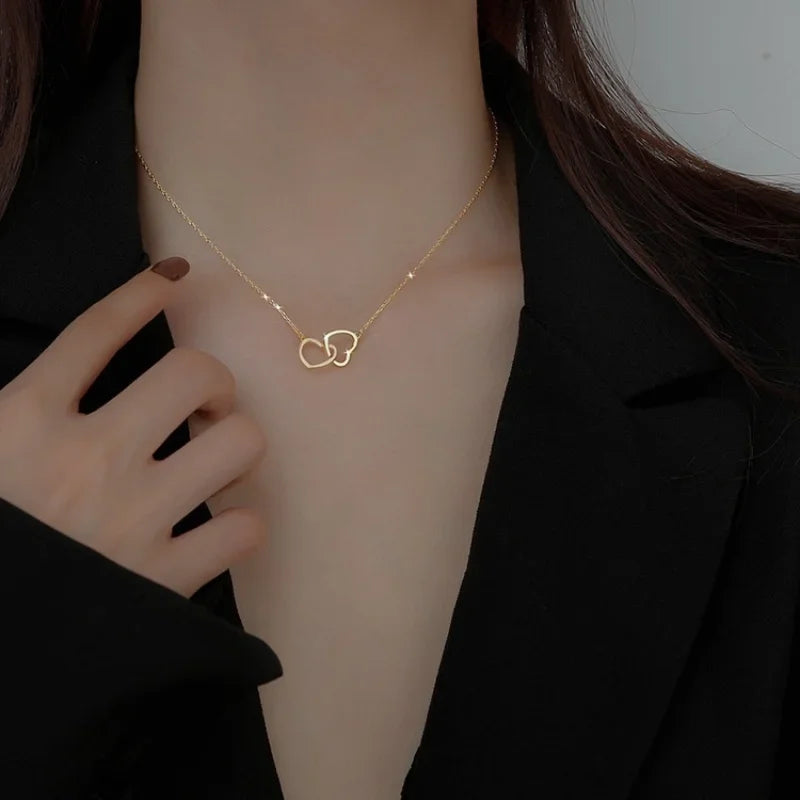 Double Heart Gold Stainless Steel Choker for Women &amp; Couples