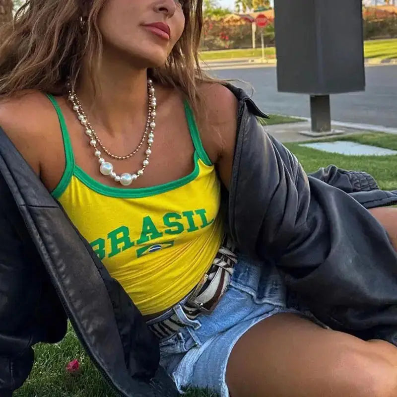 Brazil Letter Print Y2K Crop Top