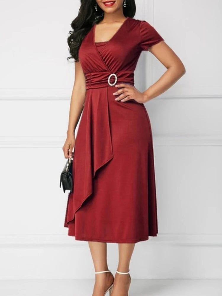 Elegant Women’s Solid Color V-Neck Asymmetric Hem Midi Dress