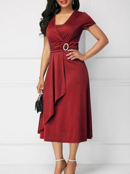 Elegant Women’s Solid Color V-Neck Asymmetric Hem Midi Dress