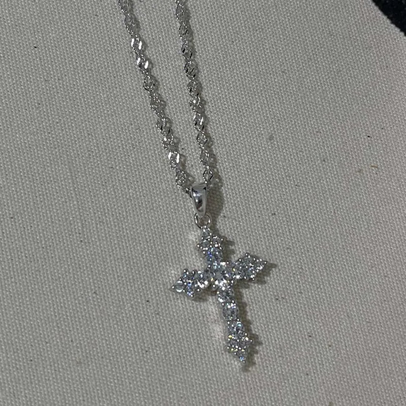 Silver Crystal Cross Pendant Necklace