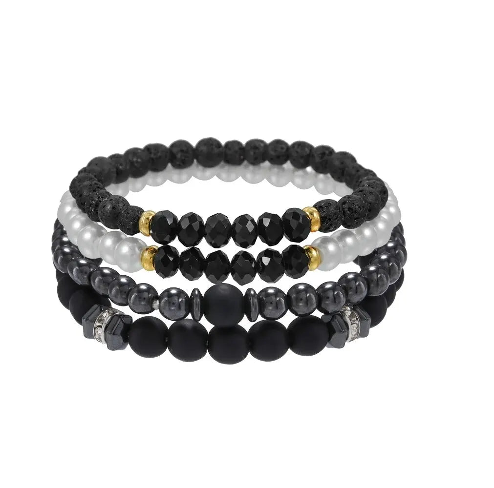 Black Volcanic Stone &amp; Wood Beads Bracelets