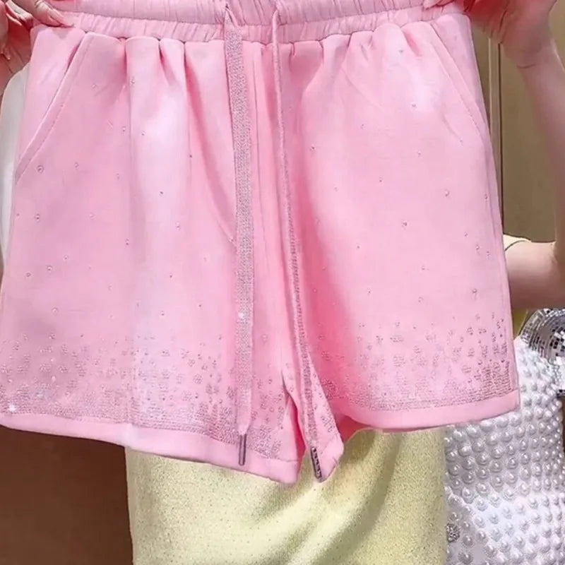 Plus Size Y2K Pink Shine Rhinestone Women’s Shorts | High-Waist Summer Hot Shorts